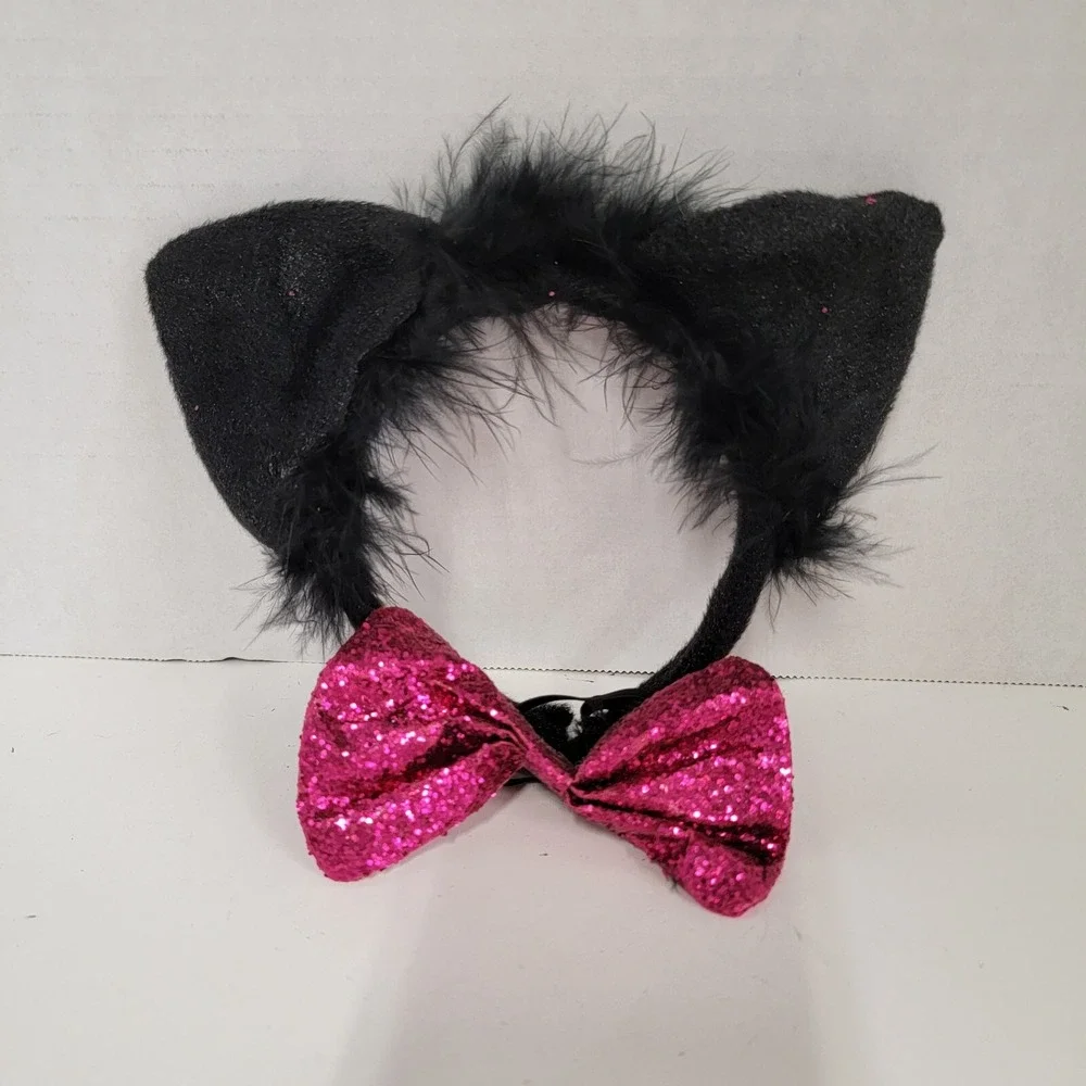 Halloween Kids Cat Kit Pink sparkle bow Tie Black‎ Clip, Black Ears